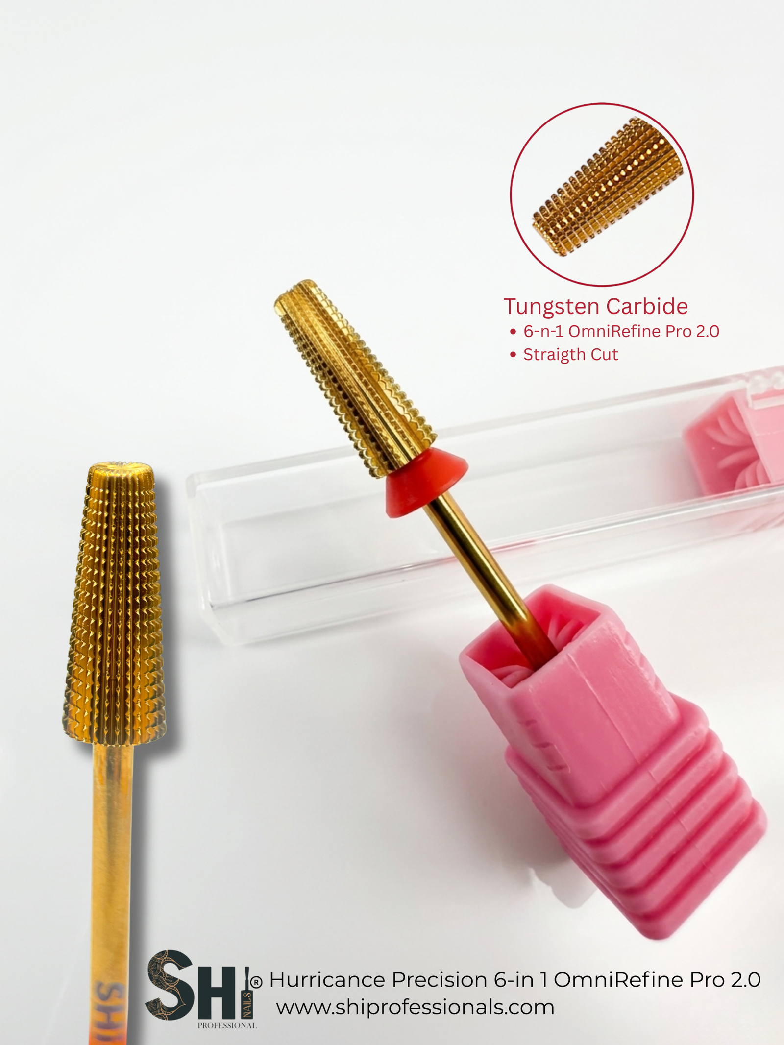 Tungsten carbide 6-in-1 nail drill bit with pink handle on a white background, SHI brand visible.