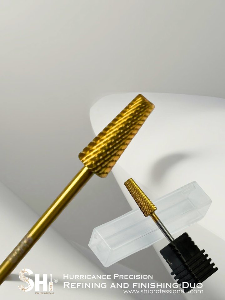 Two gold Tungsen Refining and finishing carbide drill bits on white background, Shi's brand visible