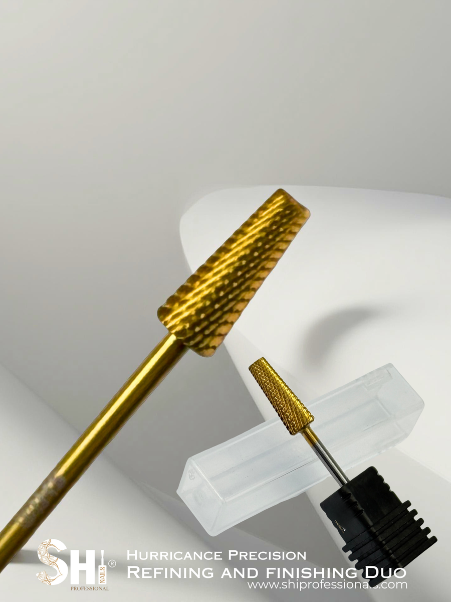 Two gold Tungsen Refining and finishing carbide drill bits on white background, Shi's brand visible