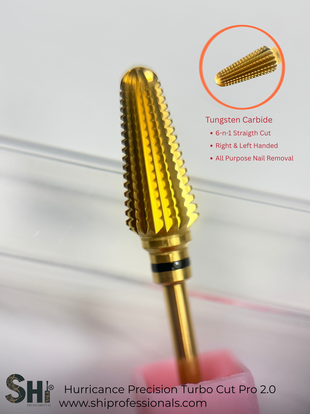Gold tungsten carbide nail drill bit with SHI branding on a blurred background