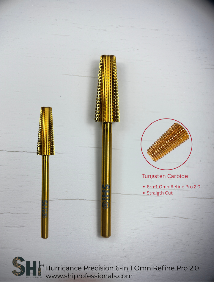 Two gold tungsten 6-in-1 carbide drill bit on a white background with SHI® branding.