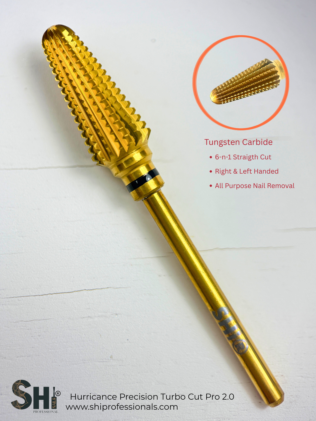 Gold nail cutting tool with SHI branding on a white background