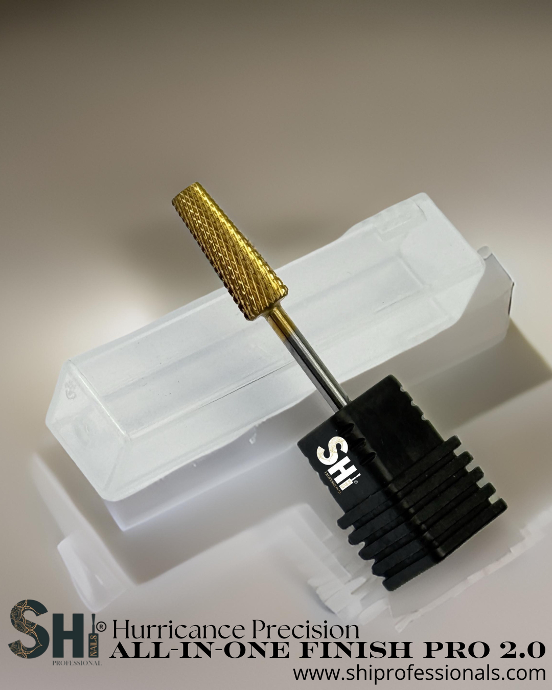 Tungsen All-in-One Finish carbide  safety top cross cut drill bit with a white background, Shi brand visible