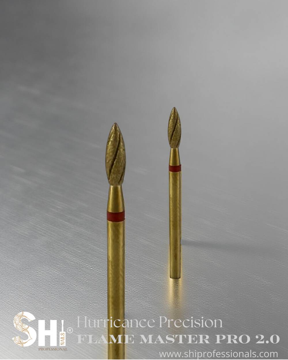 Two gold diamond flame bits pro 2.0 with red band on a metallic surface, featuring the SHI logo.