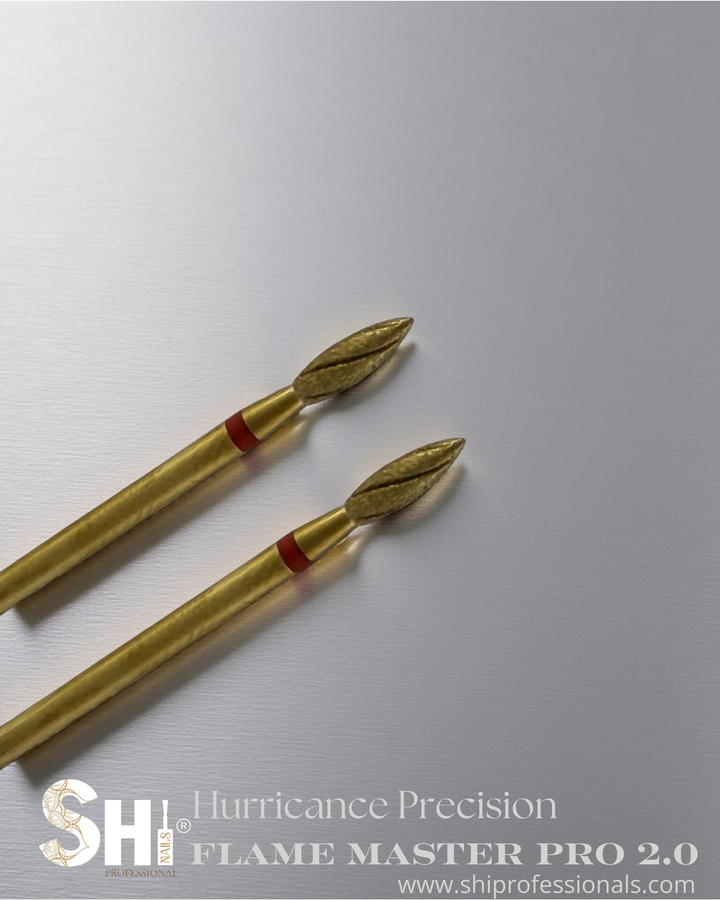 Two gold diamond flame pro 2.0 tools with red bands on a gray background, featuring the SHi® Hurricane Precision logo.