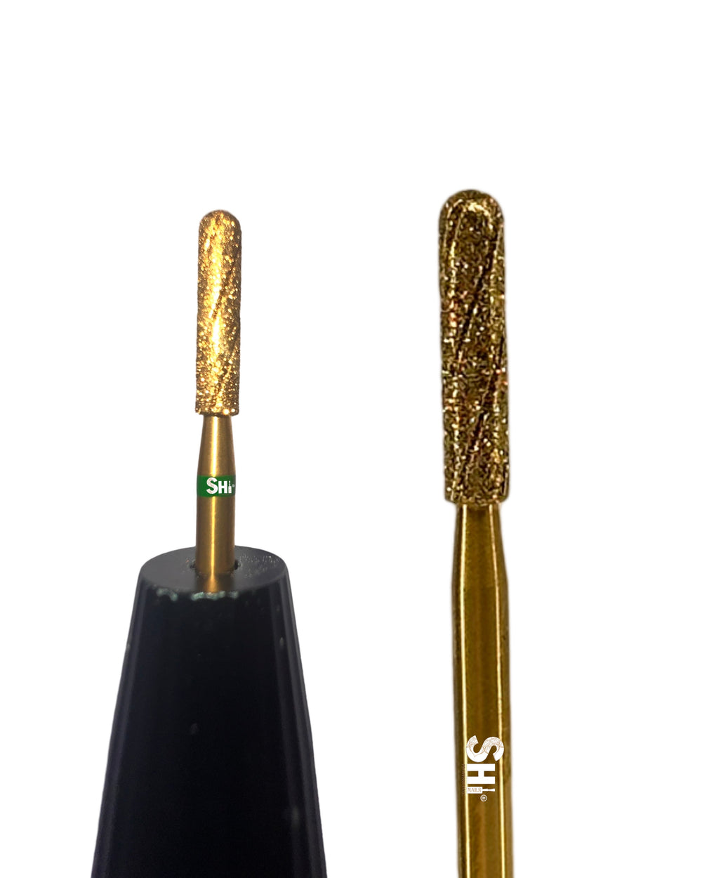 Two gold nail drill bits with black handles on a white background