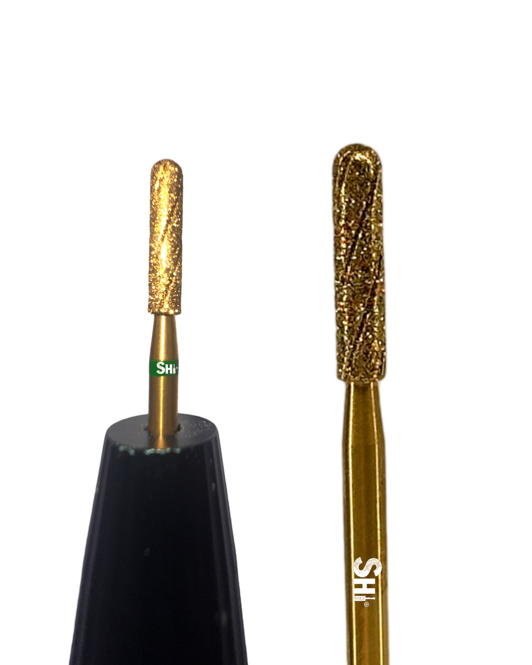 Two gold nail drill bits with black handles on a white background