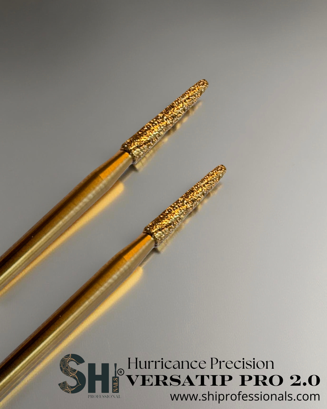 2 gold SHi® brand Hurricane Precision VersaTip Pro 2.0 E-bit. The Ultimate E-File Tool for Precision Prep, offering precision, control, and exceptional performance.
