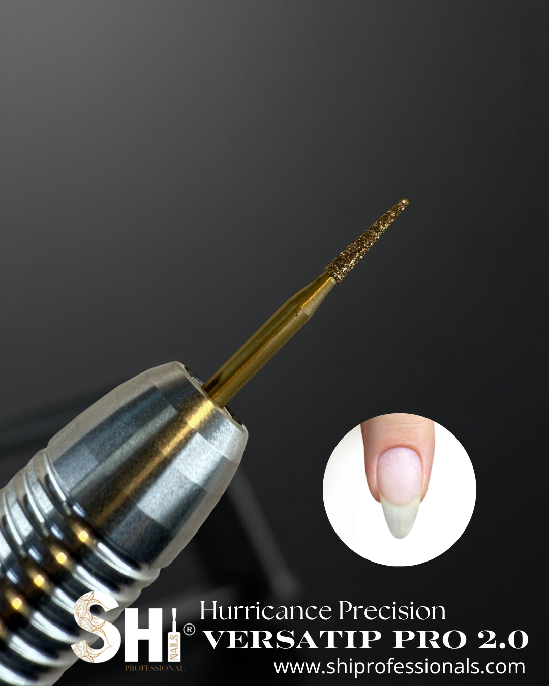 A gold SHi® brand Hurricane Precision VersaTip Pro 2.0 E-bit. The Ultimate E-File Tool for Precision Prep, offering precision, control, and exceptional performance.