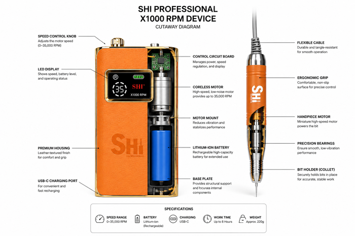 SHI Professional X1000 RPM device cutaway diagram with labeled parts on a white background.