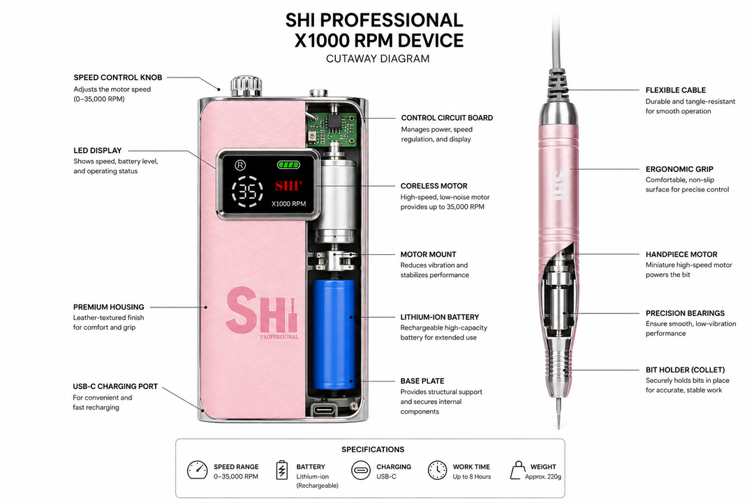 Shi Professional X1000 RPM device diagram with labeled parts on a white background
