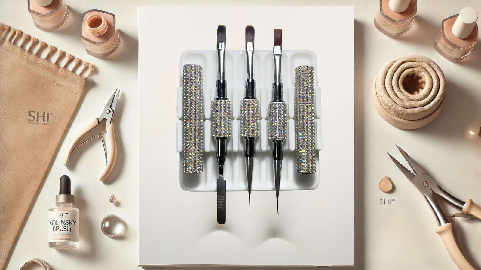 Set of builder gel brushes in a box with nail care products on a light background