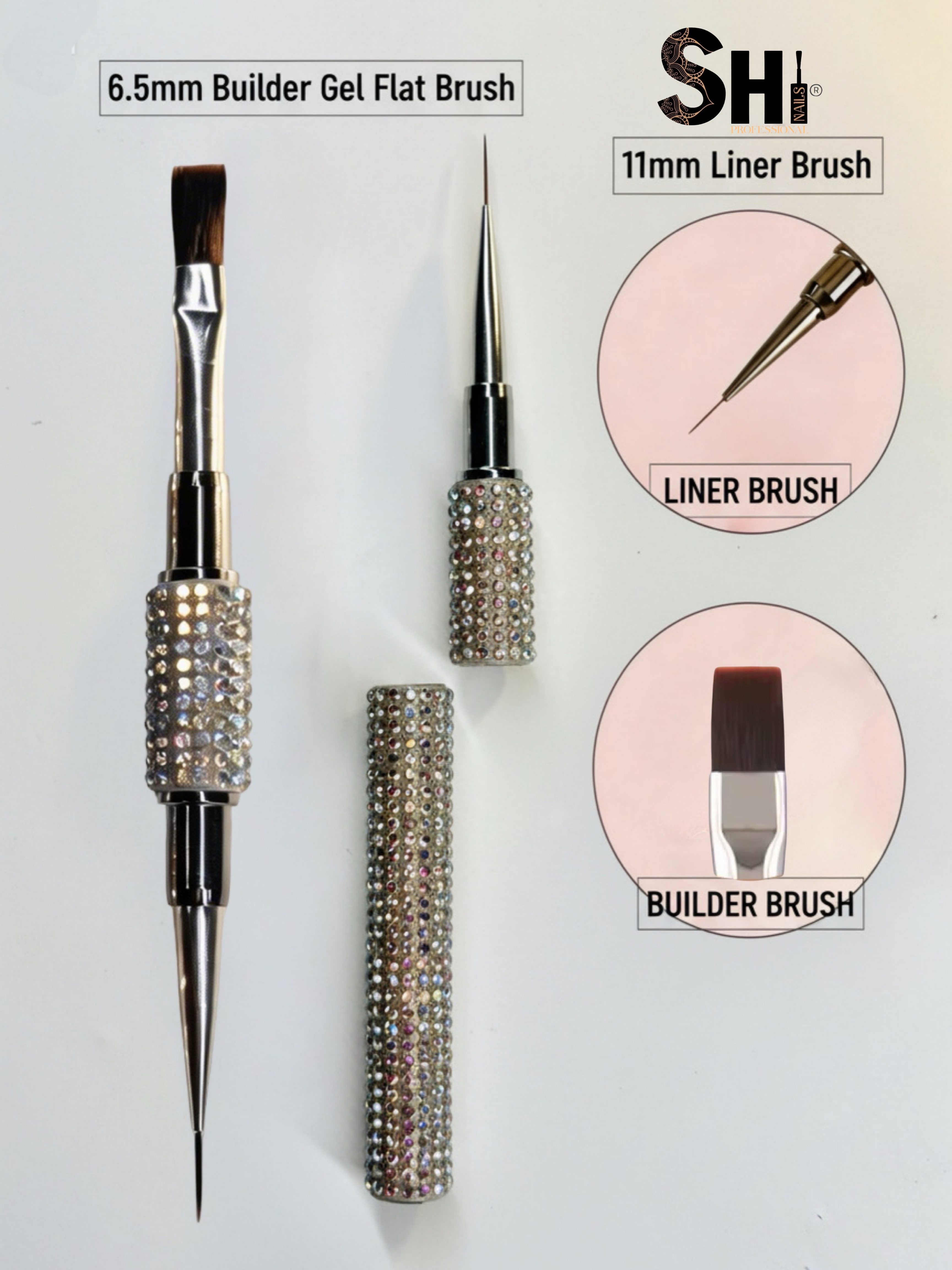a flat head brush with rhinestone handles on a white background, labeled as 'Builder Gel Flat Brush' and '11mm Liner Brush'.