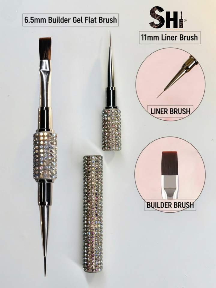 a flat head brush with rhinestone handles on a white background, labeled as 'Builder Gel Flat Brush' and '11mm Liner Brush'.