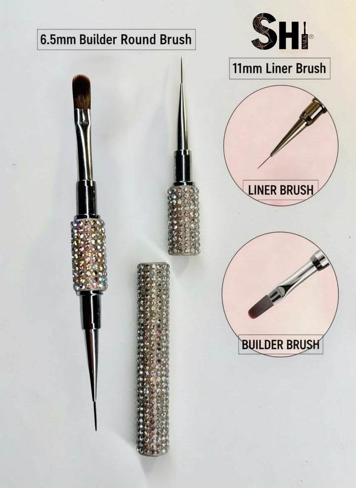 a round/oval heaf brush with decorative crystals on a white background, labeled as 'Builder Round Brush' and '11mm Liner Brush'.