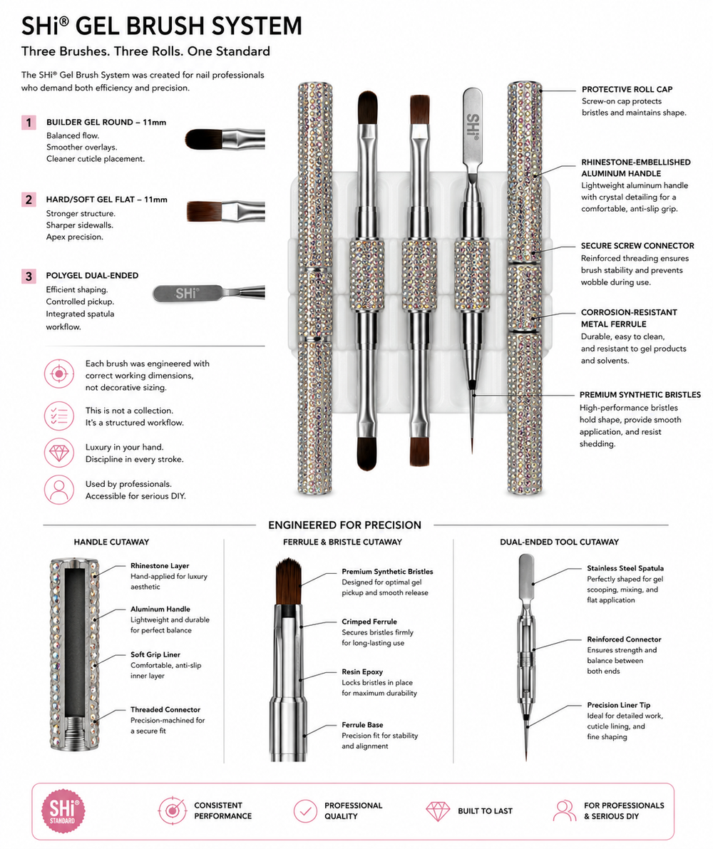 SHI Gel Brush System with detailed specifications and features on a white background