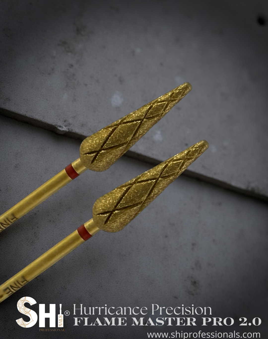 Two gold flame master pro 2.0 bits with red band on a gray background, featuring the SHI logo.
