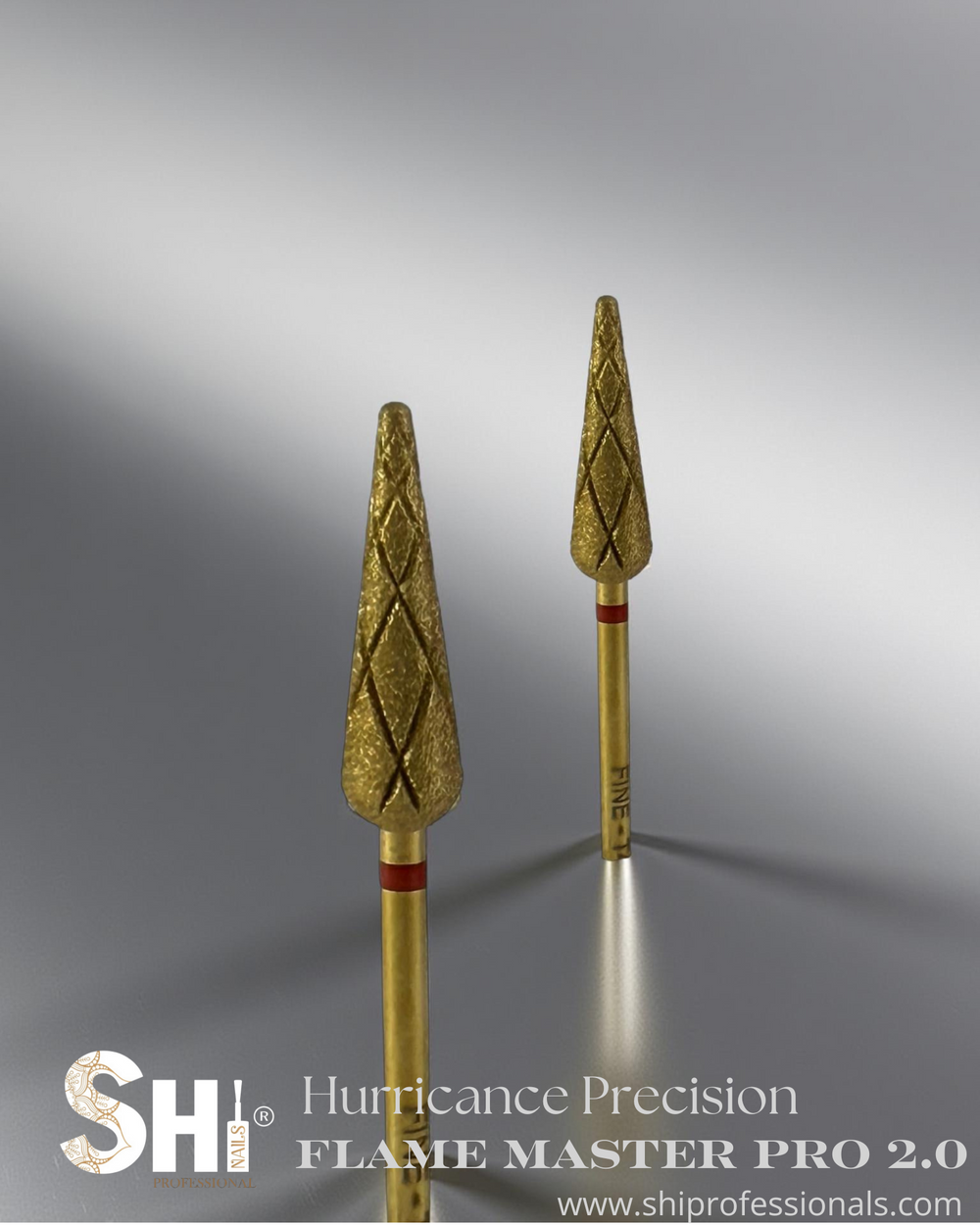 Two gold flame master pro 2.0 tools with a red band on a gray background with SHI logo.