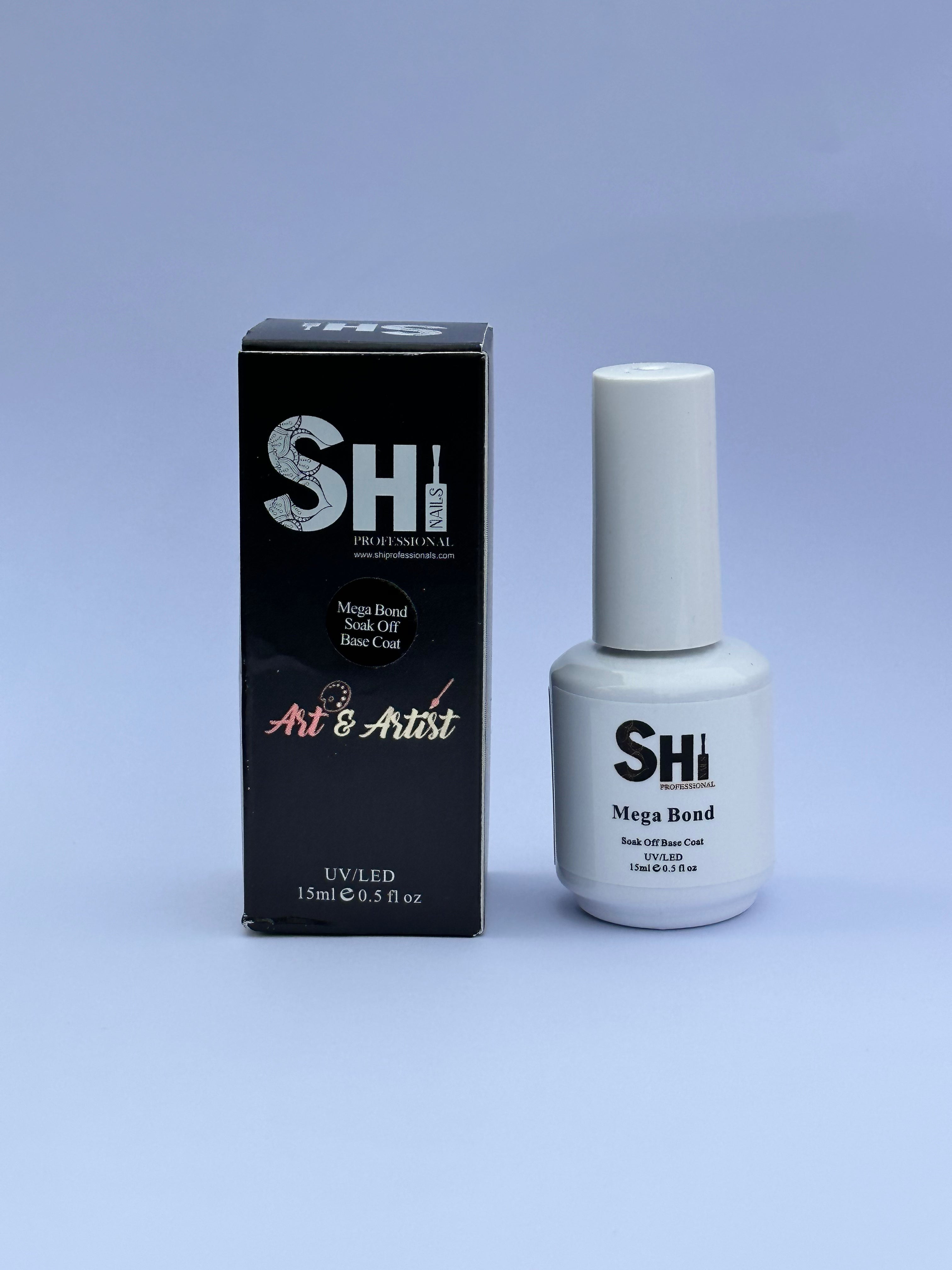 SHIi® MegaBond soak off rubber base gel nail polish bottle and packaging on a light blue background
