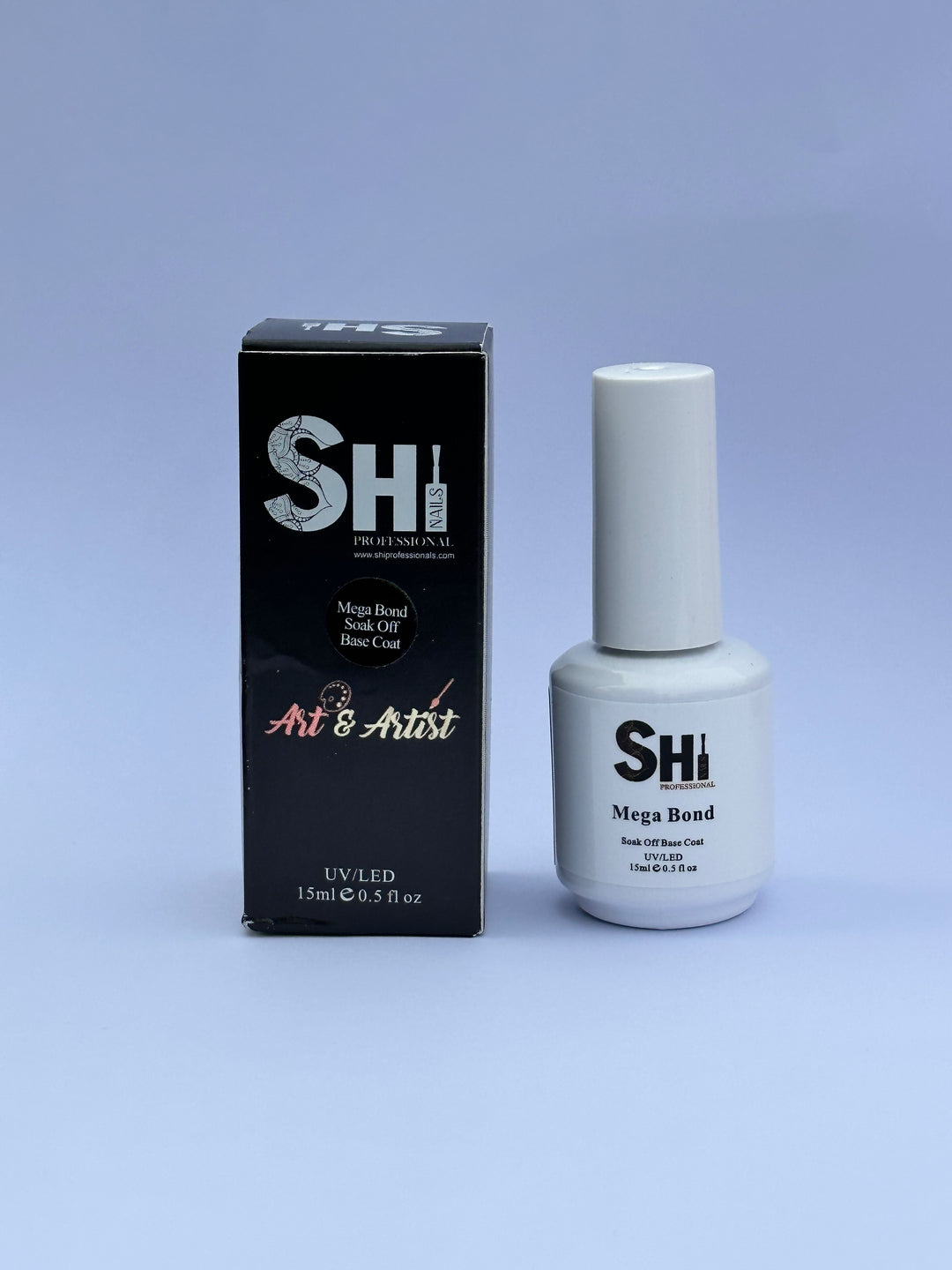 SHIi® MegaBond soak off rubber base gel nail polish bottle and packaging on a light blue background