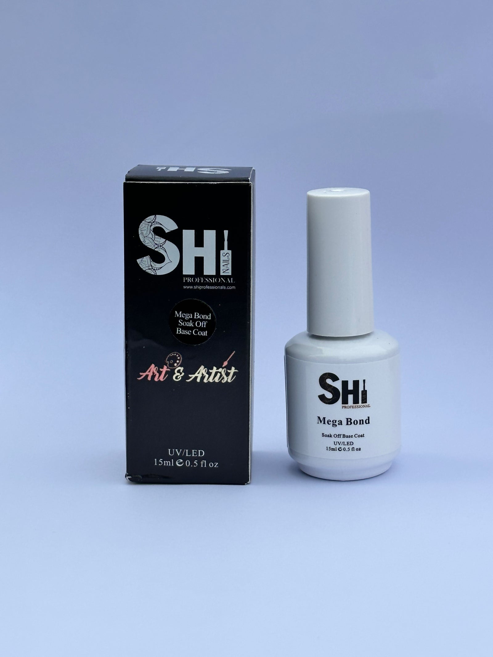 SHIi® MegaBond soak off rubber base gel nail polish bottle and packaging on a light blue background