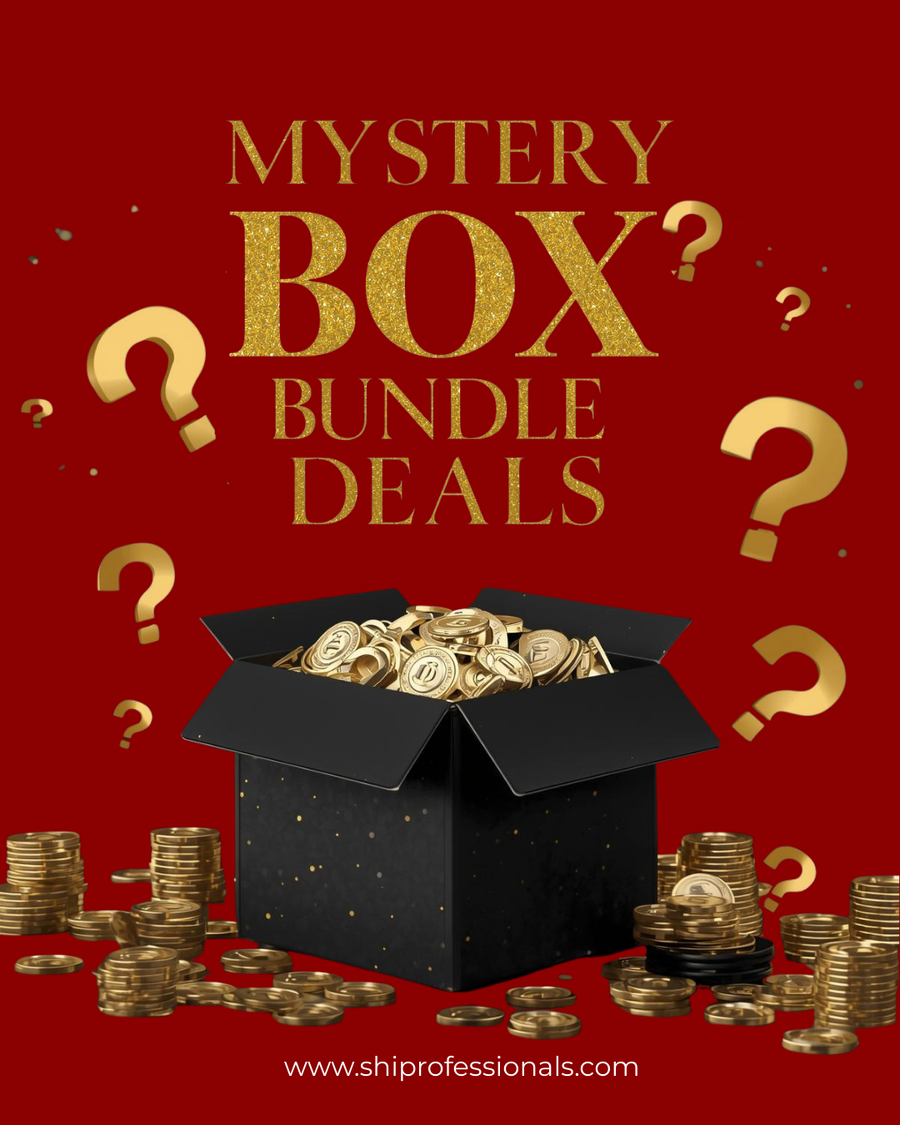 Black mystery box with gold coins on a red background with question marks and text about bundle deals.