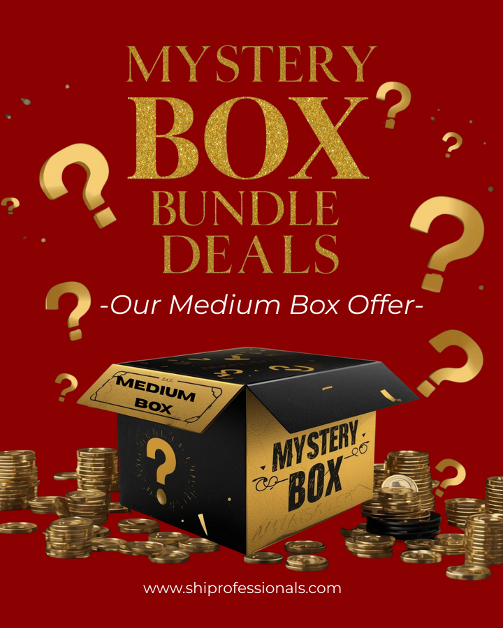 Promotional graphic for mystery box bundle deals with a medium box on a red background.