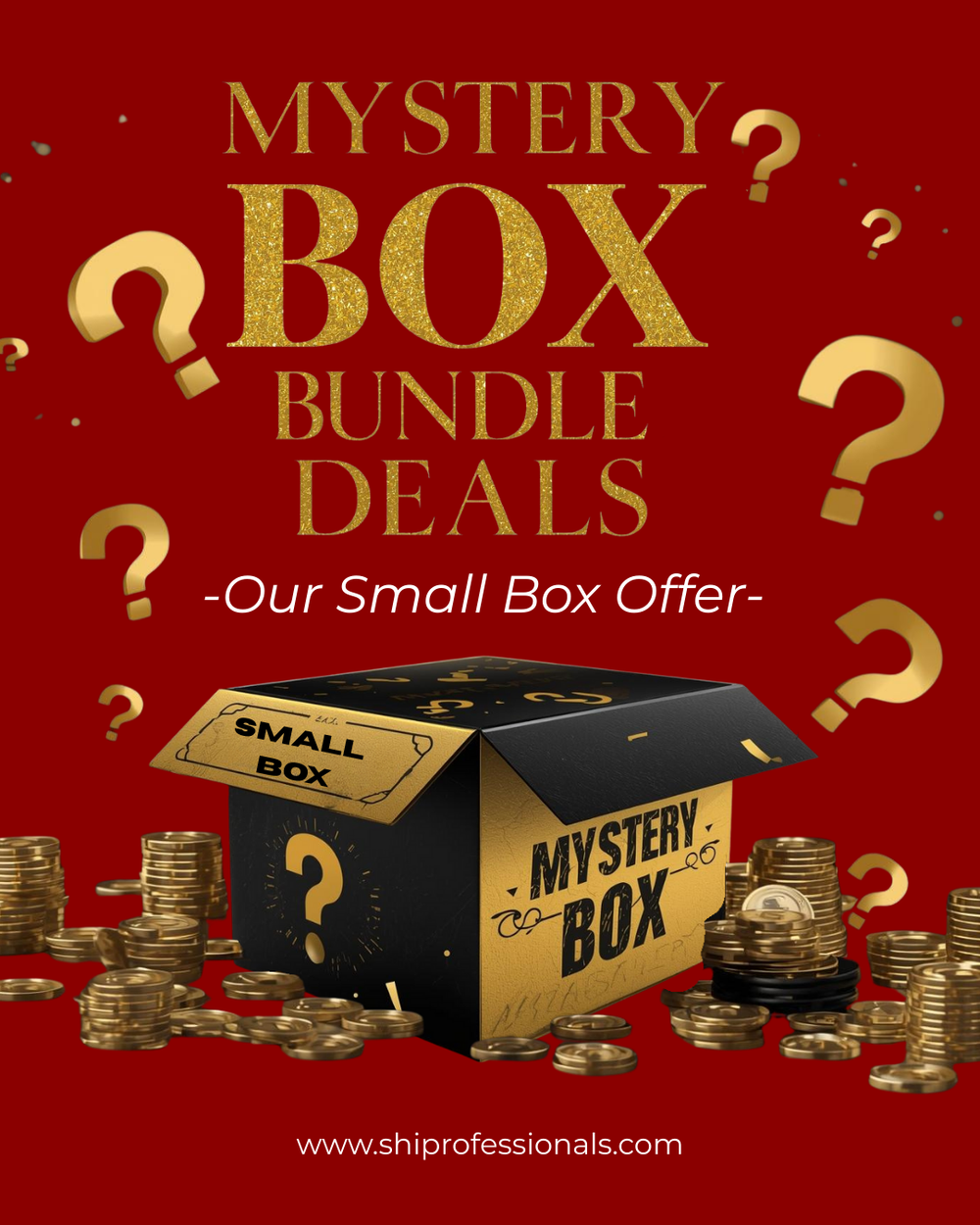 Promotional graphic for mystery box bundle deals with a black and gold box on a red background.