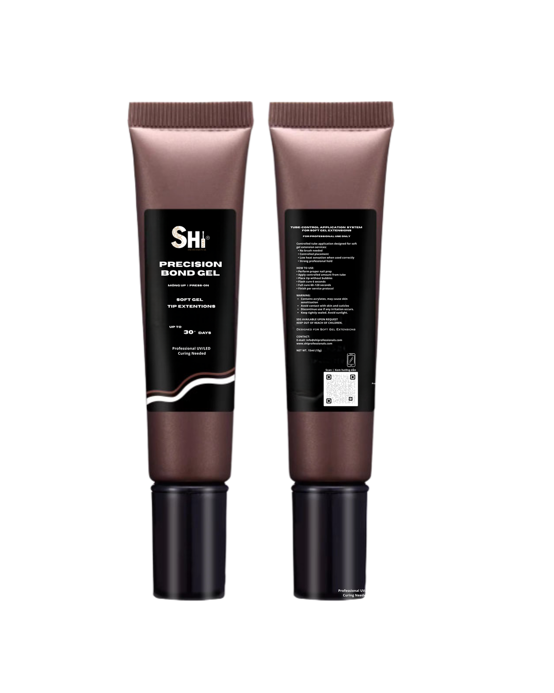 Two squeeze tubes of SHi® Precision Bond Gel shown side by side on a plain white background, displaying both the front label and the back specifications.