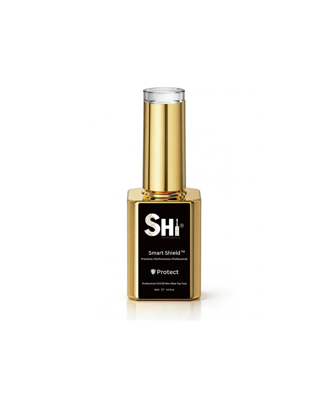 SHI® Smart Shield Protect professional nail gel polish bottle with a gold cap and black label on a white background.