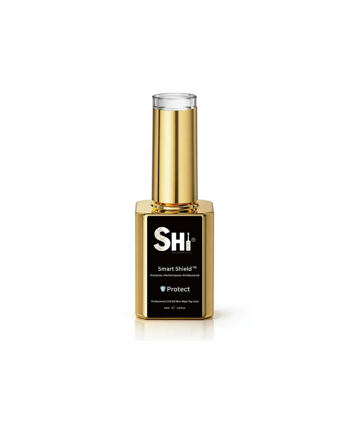 SHI® Smart Shield Protect professional nail gel polish bottle with a gold cap and black label on a white background.