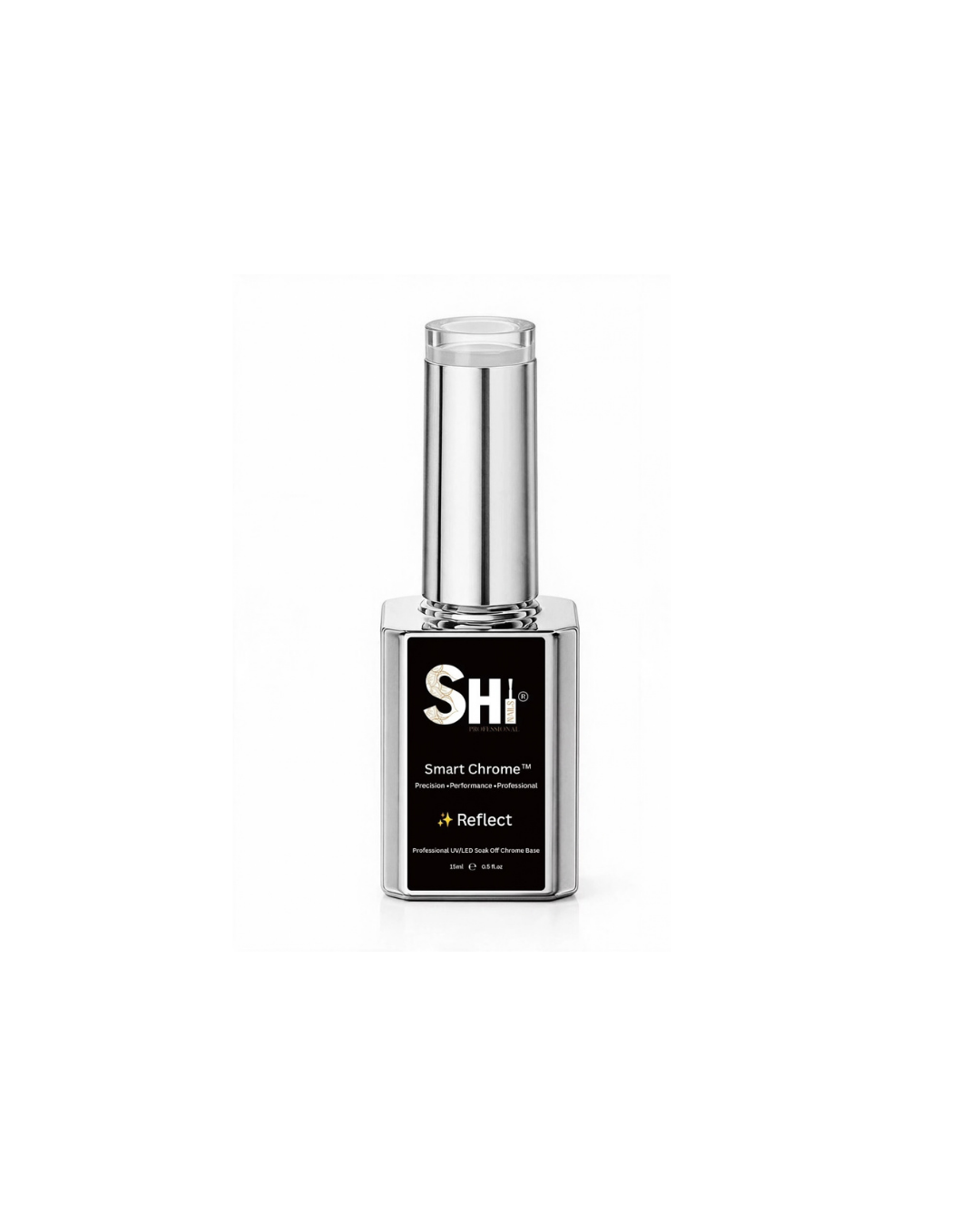 SHi® Smart Chrome gel base coat in a square silver bottle with a black label and a clear cap, centered on a white background.
