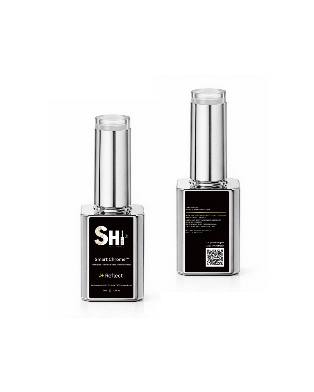 Two bottles of SHi Smart Chrome gel base coat on a white background, one displaying the front label and the other showing the back with text and a QR code.