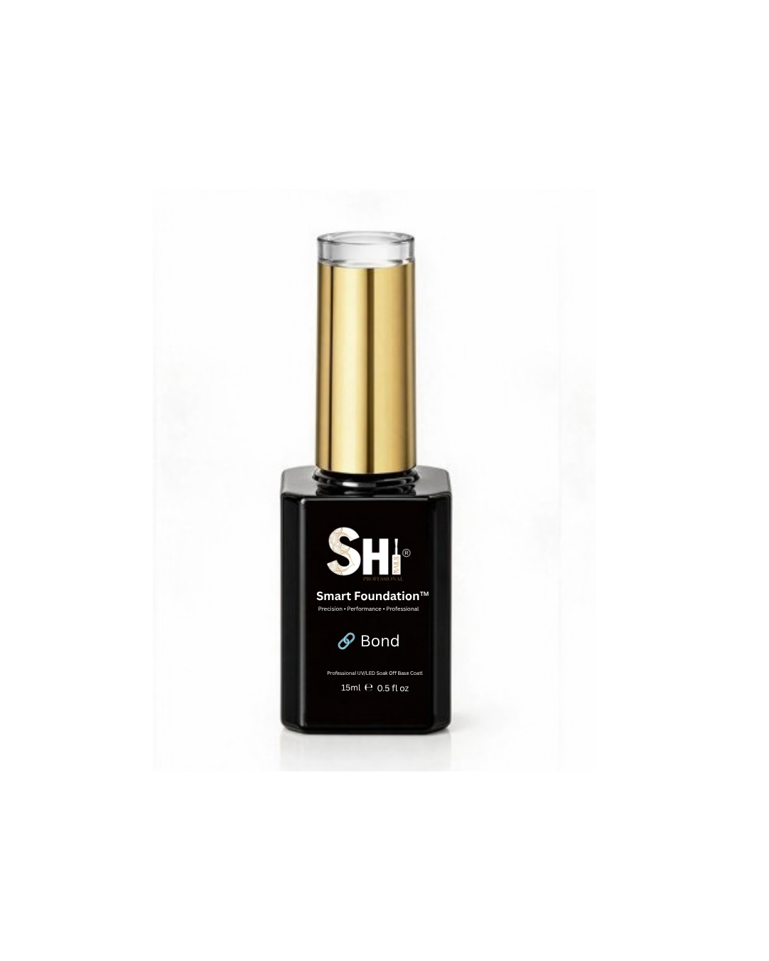 SHi® Smart Foundation gel base coat in a black bottle with a gold cap on white background.