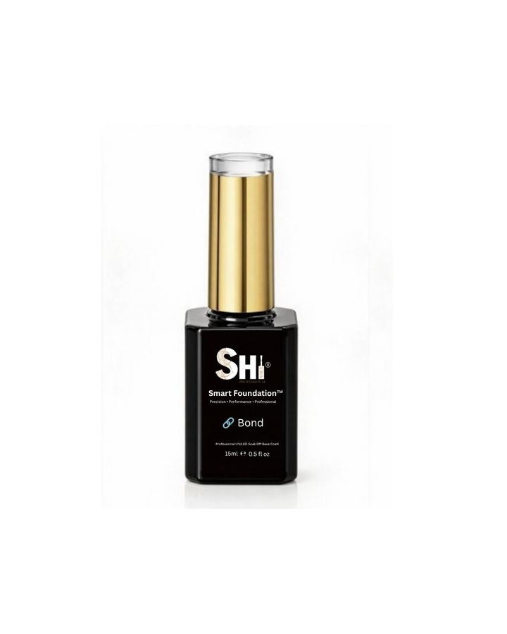 SHi® Smart Foundation gel base coat in a black bottle with a gold cap on white background.