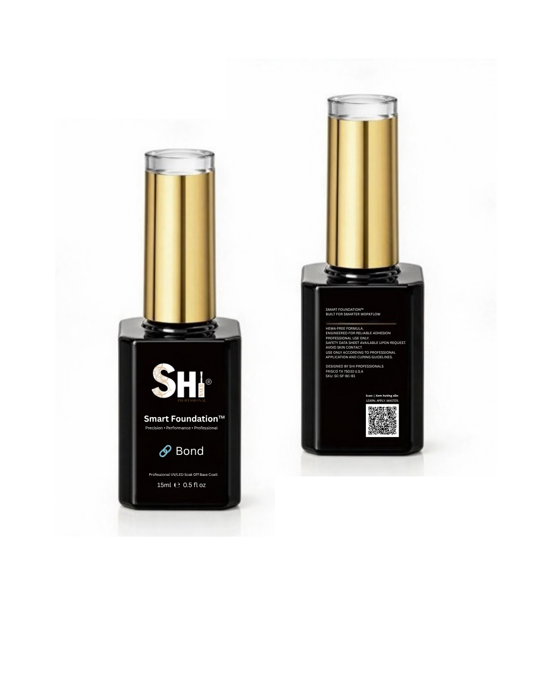 Two bottles of SHi® Smart Foundation gel base coat shown on a white background, one displaying the front label and the other showing the back with text and a QR code.