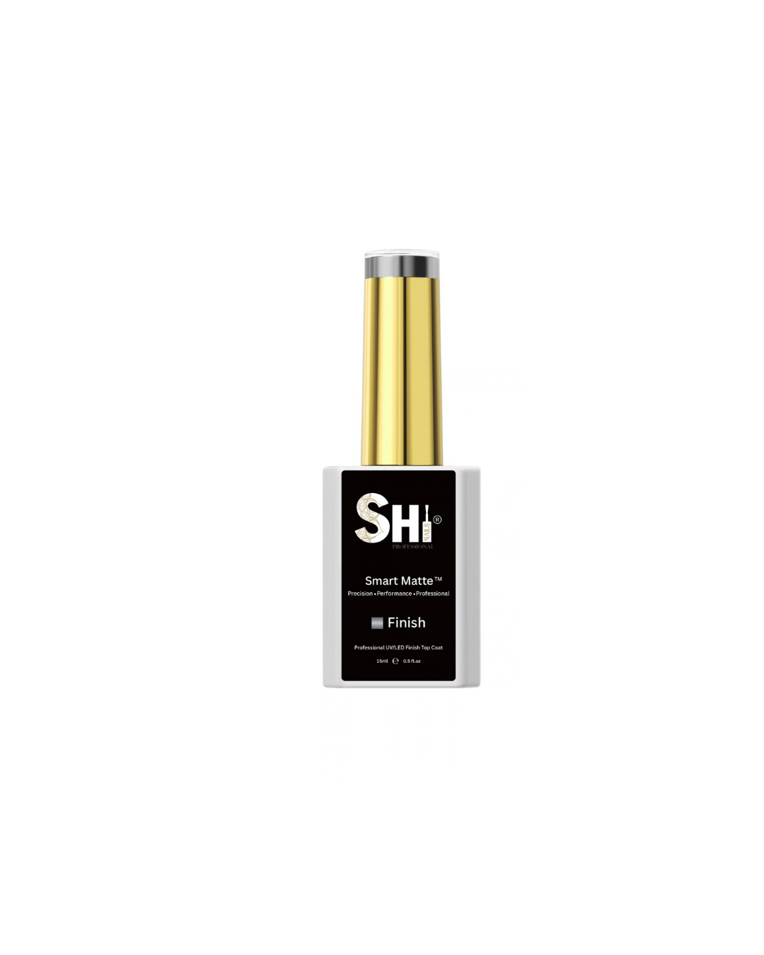 SHI® Smart Matte velvety matte finish gel top coat bottle with a gold cap and black label on a white background.