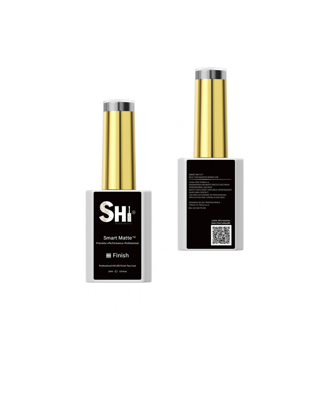Two bottles of SHi Smart Matte Finish gel nail polish shown on a plain white background, with one bottle displaying the front label and the other showing the back with product details and a QR code.