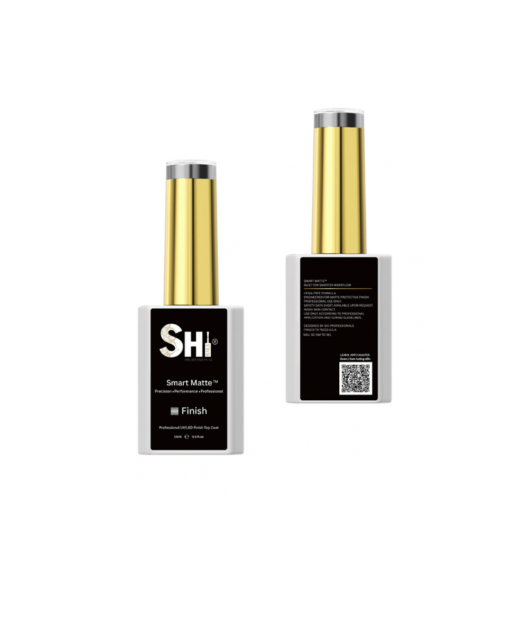 Two bottles of SHi Smart Matte Finish gel nail polish shown on a plain white background, with one bottle displaying the front label and the other showing the back with product details and a QR code.