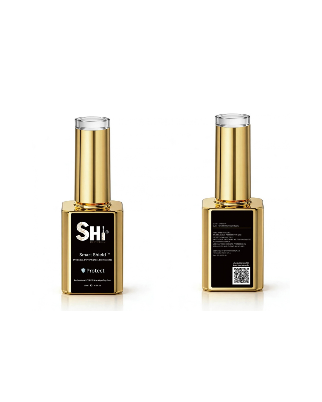 Two bottles of SHi® Smart Shield nail protection gel shown on a white background, one displaying the front label and the other showing the back with text and a QR code.