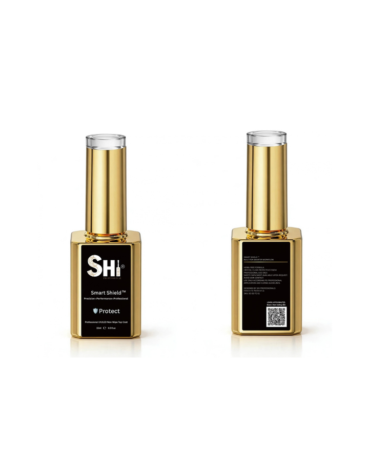 Two bottles of SHi® Smart Shield nail protection gel shown on a white background, one displaying the front label and the other showing the back with text and a QR code.